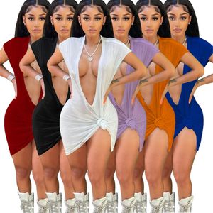 Nieuwe ontwerper sexy zomerjurken vrouwen korte mouw Deep V nek bodycon jurk solide magere mini nachtclub slijtage groothandel kleding 9794