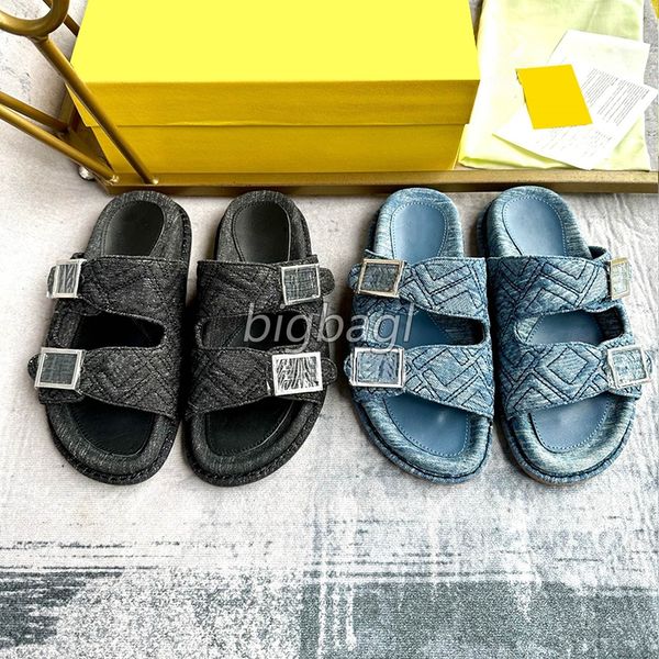 Nouveaux pantoufles de créateurs Feel Slides Femmes Slide Denim Pantoufle Double Bande Appartements Sandales En Tissu Été Boucle Extérieure Sandale Chaussure De Luxe Hommes Slip-On Beach Sandales