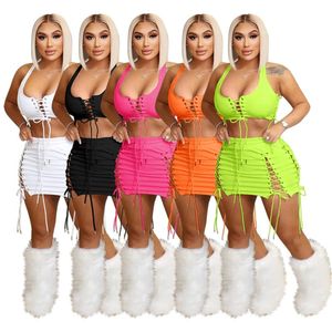 NIEUWE Designer Zomerjurk Sets Vrouwen Mouwloze Tank Top en Mini Rok Tweedelige Sets Sexy Bandage Outfits Effen Jurk Past Bulk Groothandel Kleding 9438