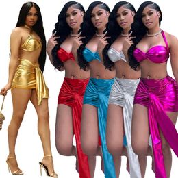 NIEUWE Designer Summer Satin Dress Sets Women Sexy Strapless Halter Bra Top en Bandage Mini Rok Two Pally Sets Night Club Wear Bulk Groothandel kleding 9868