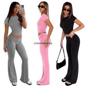 NOUVEAUXIRS CONCEPTIONS SUIRES SUMBRES SUMBRES FEMMES DES FEMMES DE TROIS PIÈCES T-shirt à manches courtes et pantalon Flare Sportswear Asual Sweins Sweins Sweet