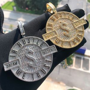 Nouveau Designer We Trust in Hustle Money Dollar Dream Chasers Lettre Ronde Charme Pendentif Collier avec Corde Chaîne Hip Hop Femmes Pave Cubique Zircone Boss Hommes Cadeau Bijoux