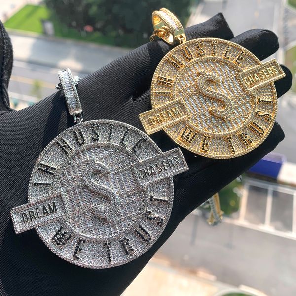 Nuevo diseñador Confiamos en Hustle Money Dollar Dream Chasers Carta Redonda Charm Colgante Collar con cadena de cuerda Hip Hop Mujeres Pave Cubic Zirconia Boss Hombres Joyería de regalo