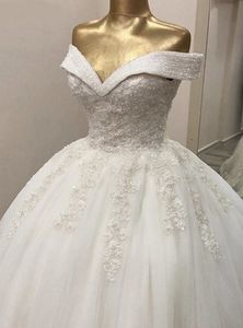 Nieuwe designer trouwjurk glitter sweetheart kristal kralen kanten appliques tule puffy bruid bruidsjurken arabisch dubai vestidos de noiva
