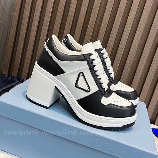 Nouveau Designer Femmes Casual Robe Chaussures Talons Hauts 8 cm Mode Baskets Design Classique Blanc Noir Femme Triangle Lettres Chaussure Sneaker Origine Qualité En Cuir Véritable