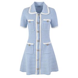 Mini robe tricotée pour femmes, nouveau styliste, col à revers, manches courtes, jupe ajustée, mode, charme de fête, vêtements pour femmes