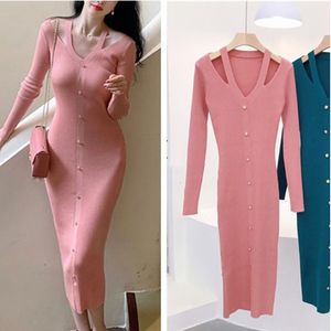 New Designer Women Runway Dresses Long Sleeve V neck Slim Midi Long Casual Sexy Sheath Bodycon Solid Evening Party Knitted Dress