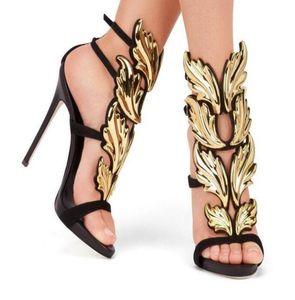 NIEUWE Designer Women's Metal Leaf Wing High Heel Sandals Gold Naakt Black Party Events schoenen Metallic Winged Sandals5156073