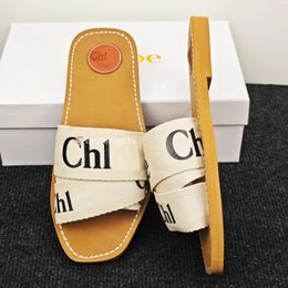 Nieuwe Designer Dames Houten Sandaal sluffy platte bodem muilezelpantoffels meerkleurig kant Letter canvas pantoffels zomer huisschoenen luxe merk chl0e sandles Maat 35-41