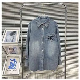 Nuevo diseñador para mujer camisetas cuello vuelto suelto manga larga bordado Denim Jeans blusa camisa 1MIO3