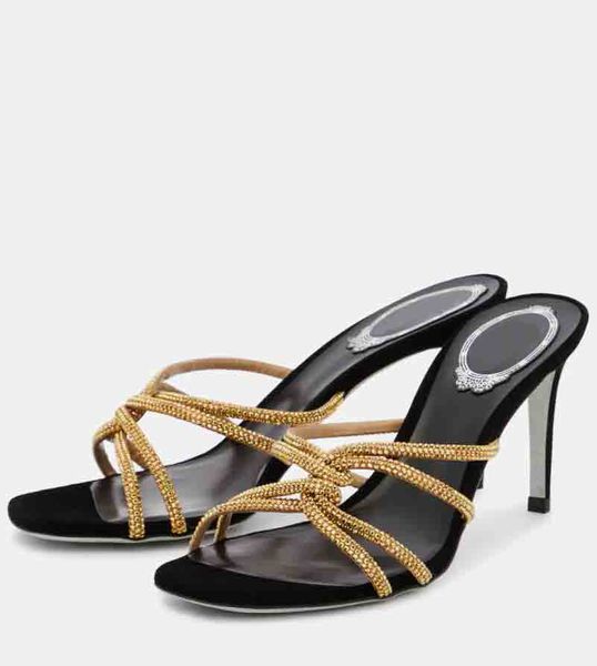 Nuevos diseñadores Mujer Joya Sandalias Zapatos Renes Adornado Satén Gamuza Cuero Mulas Sandalia Diapositiva Tacón alto Vestido Zapato Astilla Suela Verano Paseo Cristales Bombas Resbalón