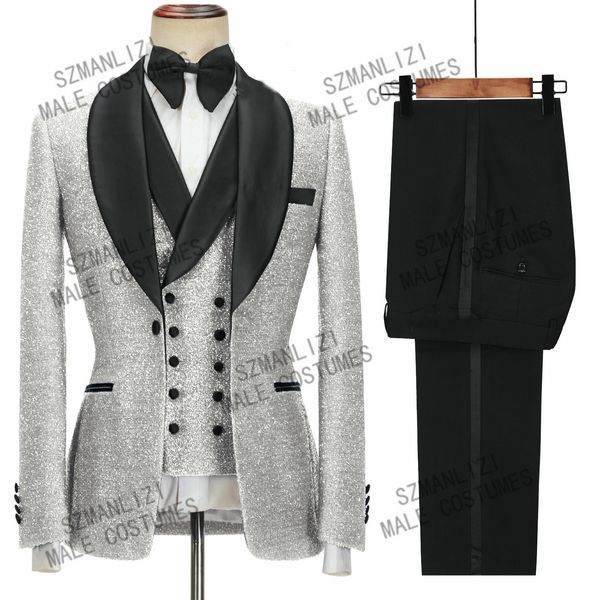 Costumes Terno pour hommes, nouveaux modèles sur mesure, coupe cintrée, châle à revers, Tuxedos de bal argenté pour marié de mariage, Blazer, gilet et pantalon, 2022