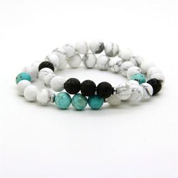 Nouveaux modèles de bijoux pour couples, lot de 10 pièces en pierre de marbre Howlite blanche de 8mm avec Bracelets d'amoureux de Distance Turquoise 281A