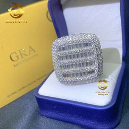 Nuevos diseños listos para enviar joyería de Hip Hop anillos de plata de ley 925 Vvs Baguette Moissanite con diamantes helados para hombres