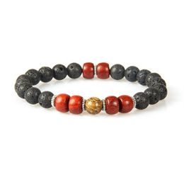 Nouveaux designs de bijoux en bois, lot de 10 pièces, pierre de lave de 8mm avec bracelet en perles de bois rouge naturel pour hommes 238P