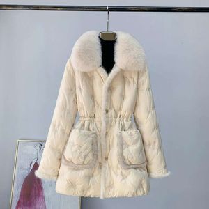 Nouvelle veste détachable à col de renard, veste d'hiver cintrée en duvet d'oie blanche en fourrure de vison de longueur moyenne pour femmes 800903