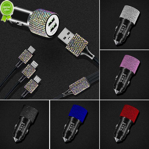 Nouveau chargeur de voiture Diamond 3 en 1 double USB 5V 2,4 a, câble de charge rapide pour IPhone Android, téléphone type-c, accessoires de voiture scintillants pour femmes