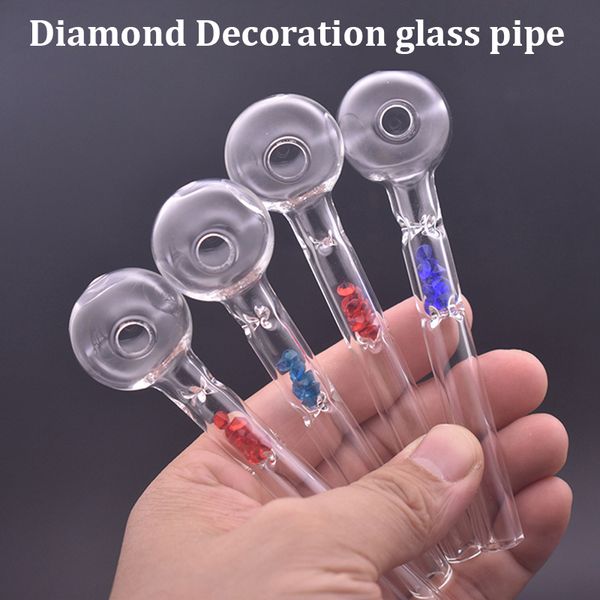 Nuevo diseño de diamante Quemador de aceite de vidrio Color de la pipa Pipas de vidrio de alta calidad Transparente Gran tubo Pipa para fumar a mano 12 cm de longitud Bola de 30 mm Envío gratis