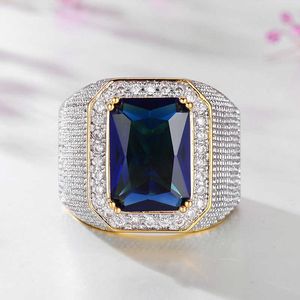 Nouveau anneau de diamant Hip Hop Gold Dominering Square Blue Male Anneau mâle