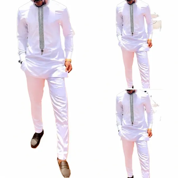 Nouveau Diki Hommes Fi Blanc Imprimé Chemise À Manches Lg Et Pantalon 2 Pièces Ensemble Élégant Généreux Banquet De Mariage Costume Pour Hommes T8ty #