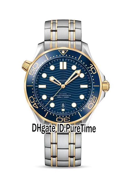 New Diver 300M 210.20.42.20.03.001 Miyota 8215 automatique A8800 Mens Watch Two Tone or jaune Texture cadran bleu SS Bracelet Puretime I03b2