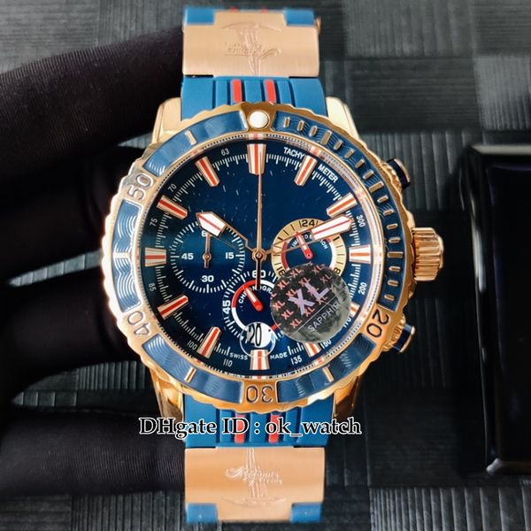 New Diver Chronograph Reloj de cuarzo para hombre 1502-151LE-3/93-HAMMER Esfera azul Caja de oro rosa Caballeros Relojes deportivos Correa de caucho Cierre plegable 6 estilos