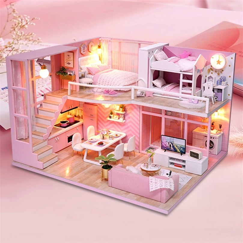 DIY Doll House Imitation Pink Series Jouets de chambre à coucher Jouets en bois faits à la main Jouets pour enfants Garçons et filles Cadeaux de la Saint-Valentin LJ201126