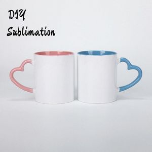 Nueva taza de café de sublimación de bricolaje 11 oz con mango de corazón Cerámica 320 ml Tazas de cerámica blanca Revestimiento interior colorido Cerámica de agua especial FY4652