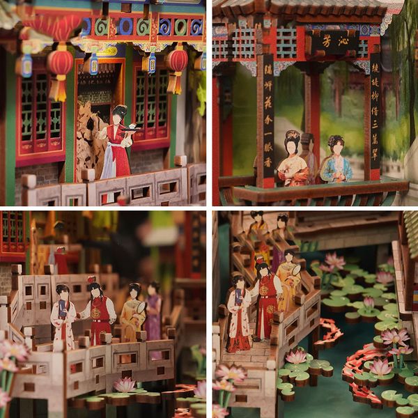 Nuevo libro de madera de bricolaje Nook estanteo de inserto kits miniatura El sueño de las mansiones rojas estanterías para amigos regalos decoración del hogar