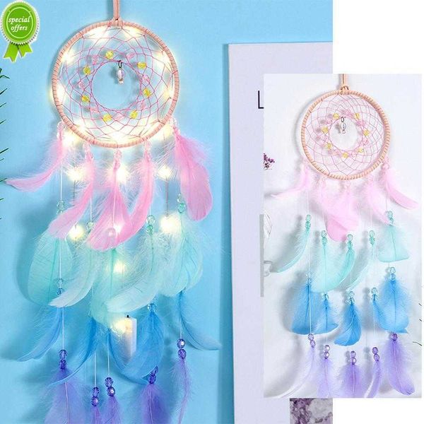 Nouveau Double Cercle Blanc Plume Dream Catcher avec LED Fée Lumière Tenture Décoration pour Chambre Tente Plafond De Mariage Décor