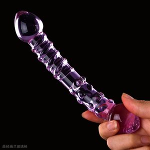 Nuevo doble extremo Crystal Purple Pyrex Glass Dildo, Gránulo de pene artificial y Espiral G Spot Simulator Juguetes sexuales para adultos para mujer Y191028