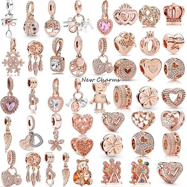 Nuevos colgantes de cuentas de oro rosa de doble corazón, colgantes, pulsera europea, brazalete DIY, regalo de joyería para mujer