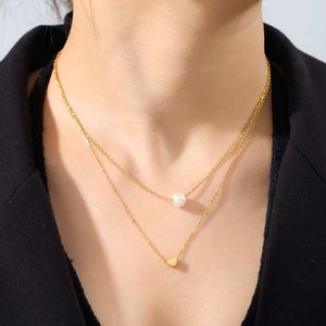 Nouveau collier à double couche pour les femmes Imitation Pearl Heart Pendant Chokers Colliers Gift Bohemia Bijoux en acier inoxydable