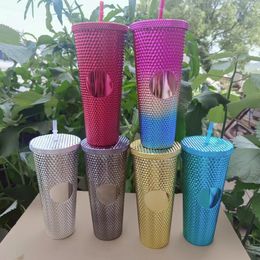 Nouvelle tasse de paille en plastique double couche grande capacité créative 710 ml piercing main tasse lumineuse couleur changeante arc-en-ciel placage durian