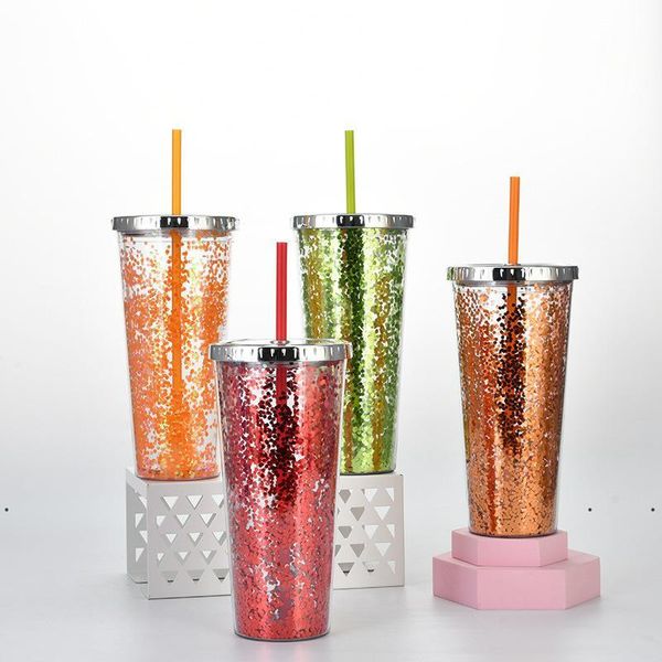 Nouveau Double couche Tumbler poudre chatoyante Gobelets en plastique portables avec paille Bouteille d'eau réutilisable Tasses de glace d'été couvrent 24 oz navire de merEWE