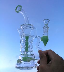 Hookahs New Double Recycler Glass Bong Fab Egg Embriagador Dab Oil Rigs Turbine Percolador Glass Bongs Milky Purple Green Water Pipes HR319