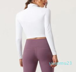 Nueva camiseta deportiva de manga larga de color sólido de doble cara Alinear correr Mujer Chaqueta de yoga Casual Fitness Cremallera ajustada Verano Pantalla delgada Secado rápido Más delgado