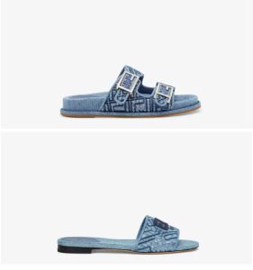 Nieuwe platte sandalen met dubbele band, decoratieve F-gesp en antieke blauwe denim materiaalversiering, gewatteerd F-patroon, maat 35-42, met doos