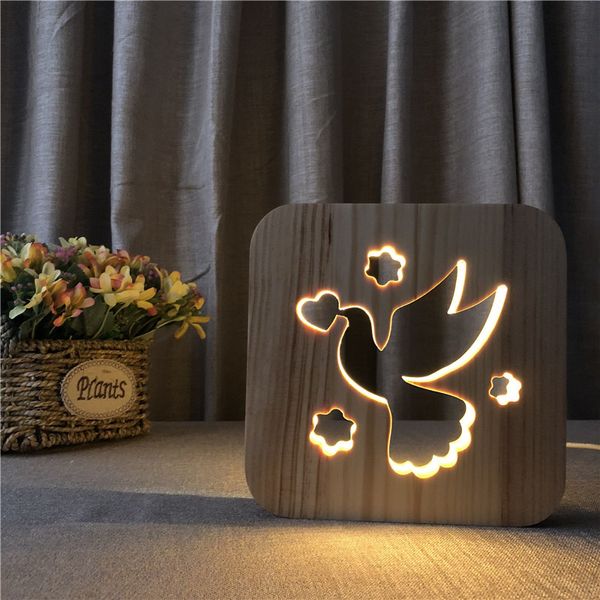 Nuevo Dropship, novedad, lámparas de paloma de la paz, lámpara LED de mesa de madera, luz LED nocturna USB, decoración del hogar, regalo creativo