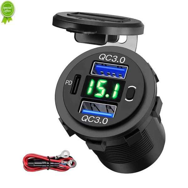 Nouveau double 18W QC3.0 Port 20W PD type-c chargeur de voiture prise voltmètre interrupteur voiture Port USB pour voiture bateau Marine camion Golf RV