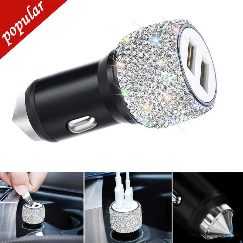 New Dual USB Car Charger Bling Handmade Rhinestones Crystal Car Decors Safety Hammer Design Car Decorations Fast Charging for Phone