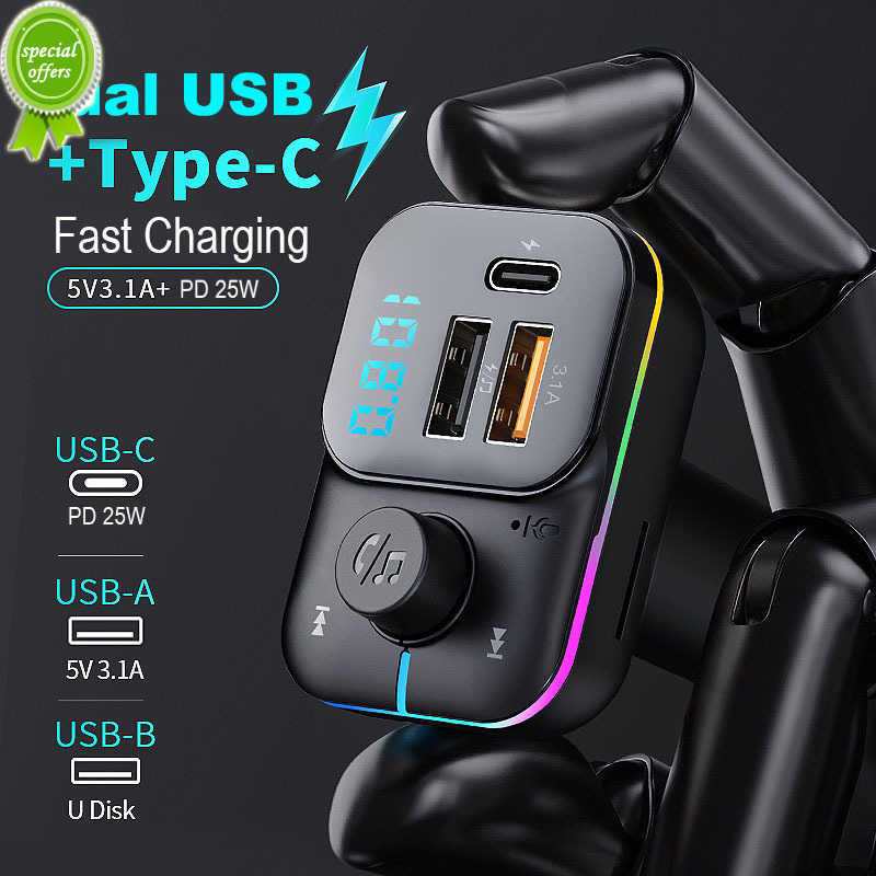 Nuovo caricatore per auto doppio USB Trasmettitore FM Adattatore Bluetooth PD 25W Caricatore rapido Vivavoce Stereo Lettore musicale Mp3 Luci colorate