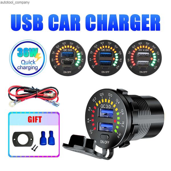 Nuevo cargador USB DUAL/cargador rápido/toma de corriente PD tipo C carga rápida con voltímetro LED para coche de 12V 24V, barco, camión, motocicleta, coche