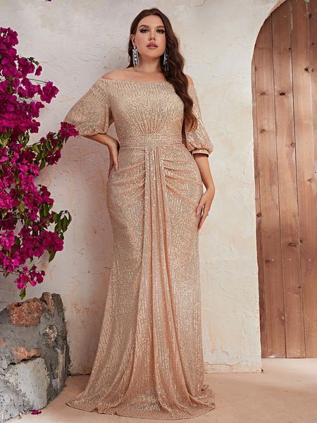 New Dubaï Champagne arabe Shiniy Sirène mère de la mariée Dress Off épaule à manches longues élégantes le long du sol