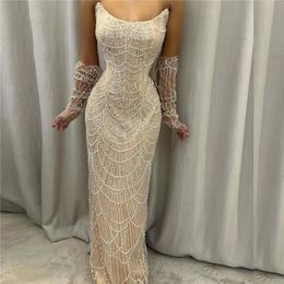 Nieuwe Dubai Arabische sexy champagne avondjurken strapless zeemeermin lange feest ocn -jurken met volledige parels kralen Vestidos bc