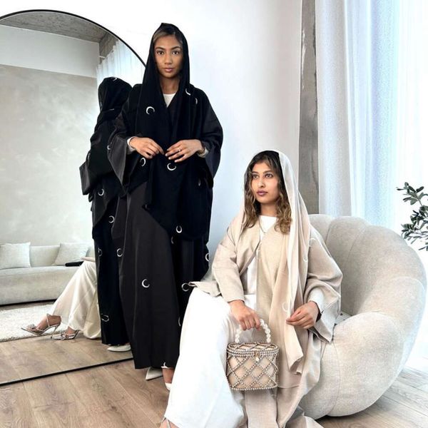 NUEVA DUBAI Abierta Abaya Mujeres musulmanas Elegantes Bordado de la Luna Cárdigan Turquía Arabono Kimono Eid Ramadán Islam Clothing