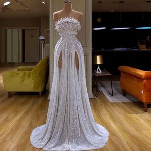 Nouveau style de Dubaï blanc paillettes robe de bal longue une épaule musulmane sirène robes de soirée célébrité Runaway tapis rouge Dress235B