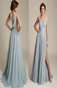 Nouvelles robes de soirée de bal en mousseline de soie bleu poussiéreux, col en V, sans manches, dos drapé, fente haute, robes de soirée formelles sexy, Cheap3784457