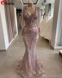 ¡NUEVO! Vestidos de fiesta de sirena con apliques de encaje rosa polvoriento, vestido de noche con cuentas y lentejuelas de manga larga vintage, vestido largo formal para desfile de fiesta