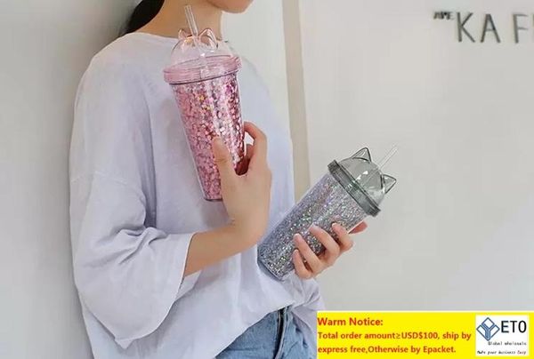 Nouvelle oreille paillettes double couche tasses enfants bébé dessin animé mignon créatif paillettes gobelet en plastique avec pailles jus verre à vin 3 style